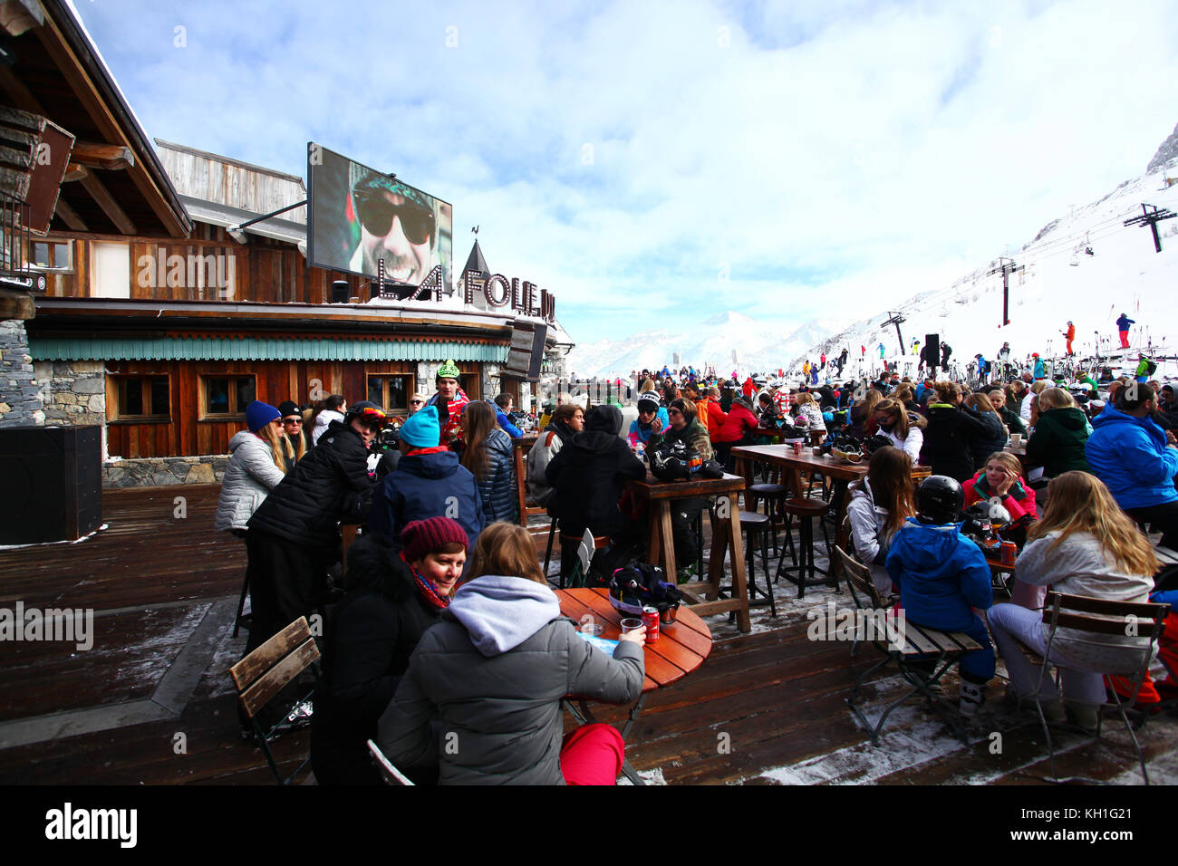 Apre club di sci su piste- la folie douce. partytime presso la plagnes località sciistica nelle Alpi francesi. Foto Stock