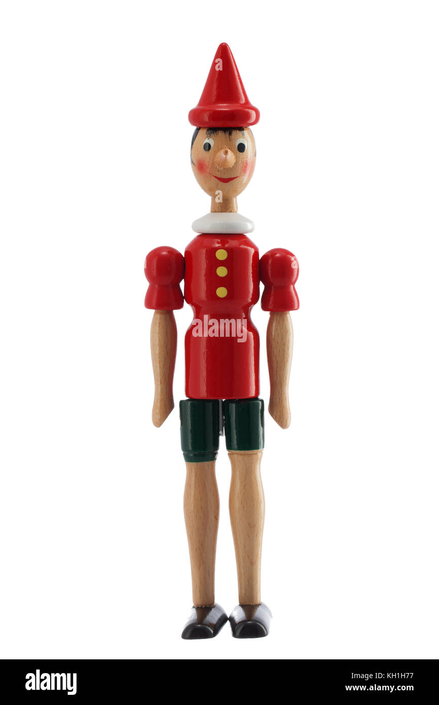 Pinocchio Toy statua isolata su sfondo bianco Foto Stock