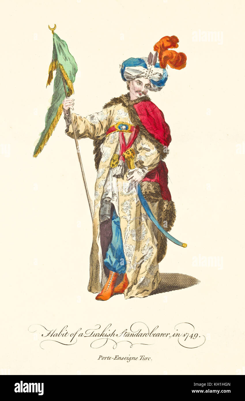 Alfiere turco in abiti tradizionali nel 1749. Tunica lunga, turbante con piume d'arancia e bandiera. Vecchia illustrazione di J.M. Vien, 1757-1772 Foto Stock