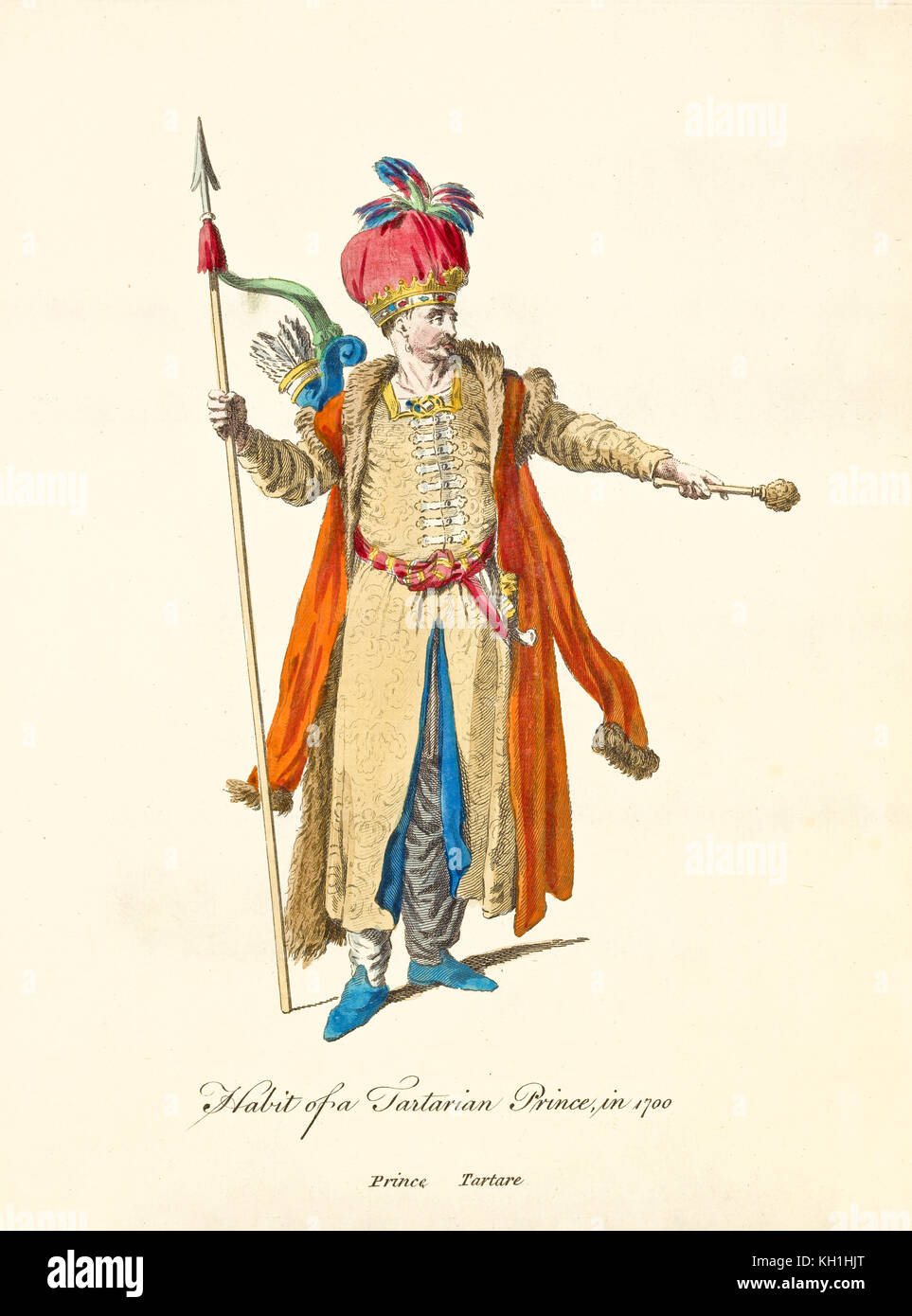 Principe tartaro in abiti tradizionali nel 1700. Cappotto arancione lungo,  cappello rosso soffiato, lancia, frecce, arco e scettro. Vecchia  illustrazione di J.M. 1757-1772 Foto stock - Alamy