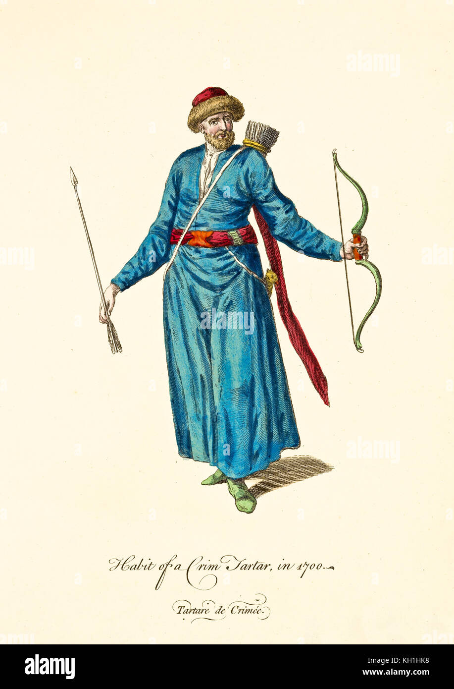 Tatar Crimea in abiti tradizionali nel 1700. Tunica blu, cintura in tessuto rosso, arco e frecce, cappello in pelliccia rossa. Vecchia illustrazione di J.M. Vien, 1757-1772 Foto Stock