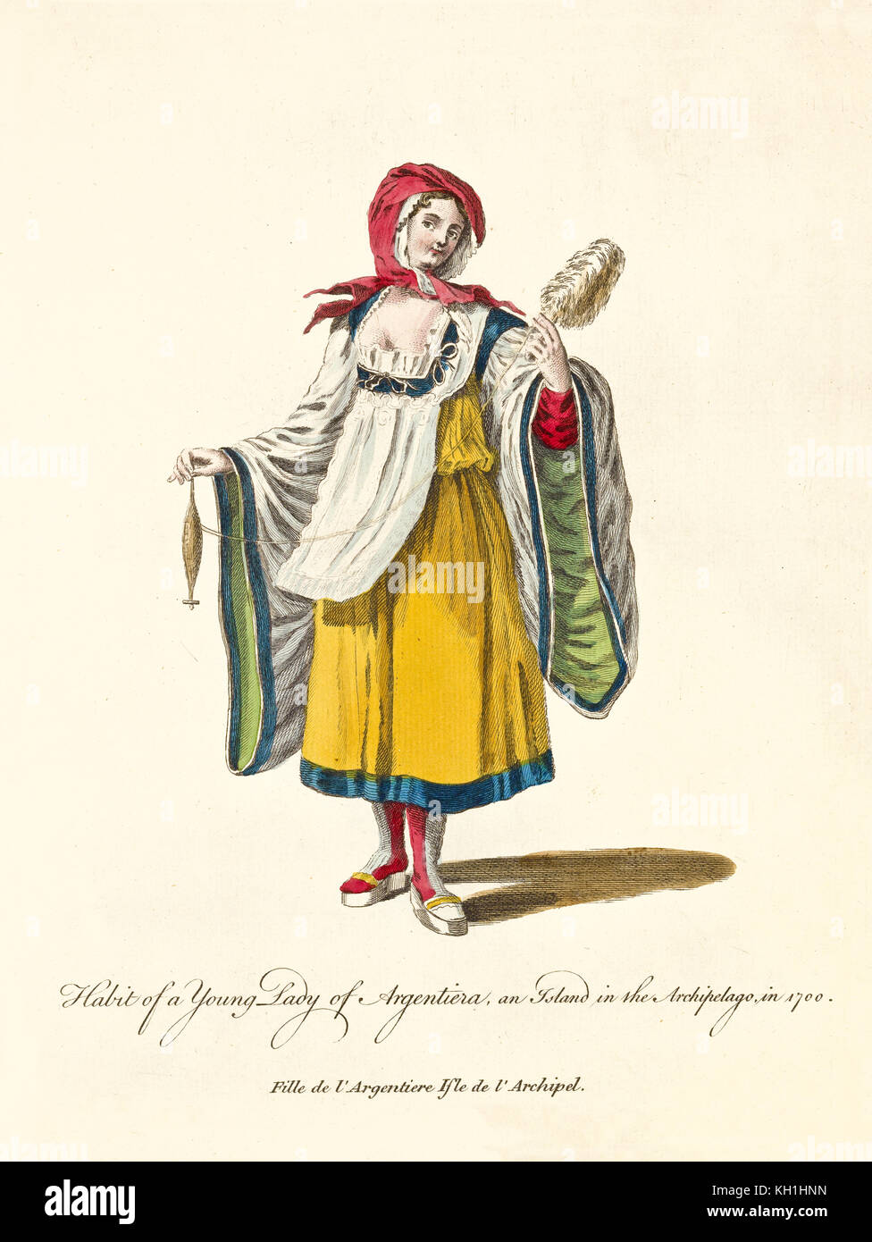 Donna argentina in abiti tradizionali nel 1700 con una spola sulla sua mano destra. Vecchia illustrazione di J.M. Vien, publ. T. Jefferys, Londra, 1757-1772 Foto Stock