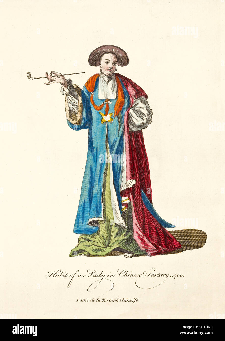 Donna tartariana cinese in abiti tradizionali nel 1700. Fuma un vecchio tubo elegante con la mano destra. Arte disegnata a mano da J.M. Viens 1757-1772 Foto Stock