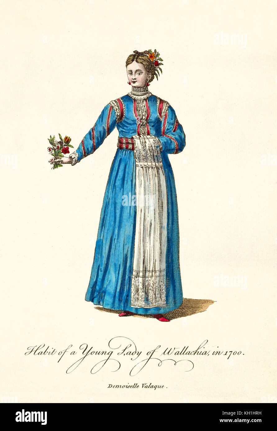 Wallachian Lady in posa in tradizionale abito blu lungo nel 1700. Vecchia illustrazione di J.M. Vien, publ. T. Jefferys, Londra, 1757-1772 Foto Stock