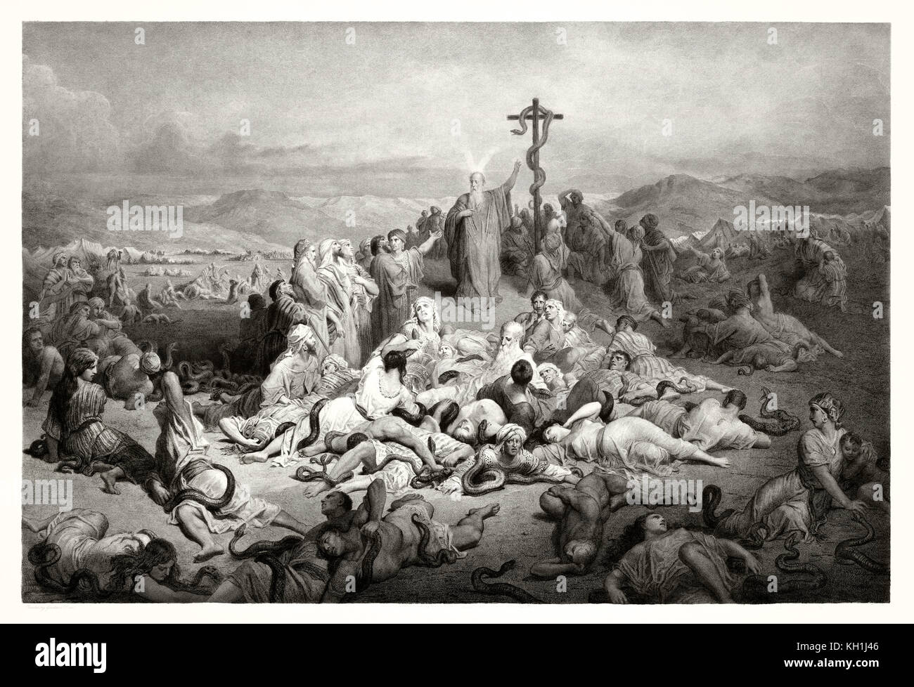 Riproduzione del serpente di bronzo, illustrazione biblica da Gustav Dore. Publ. in London, 1883 Foto Stock