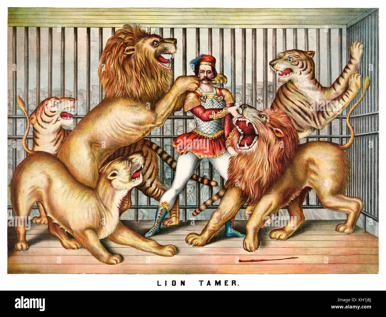 Vecchia illustrazione di un domatore di leoni. Da autore non identificato, publ. a Cincinnati, 1873 Foto Stock