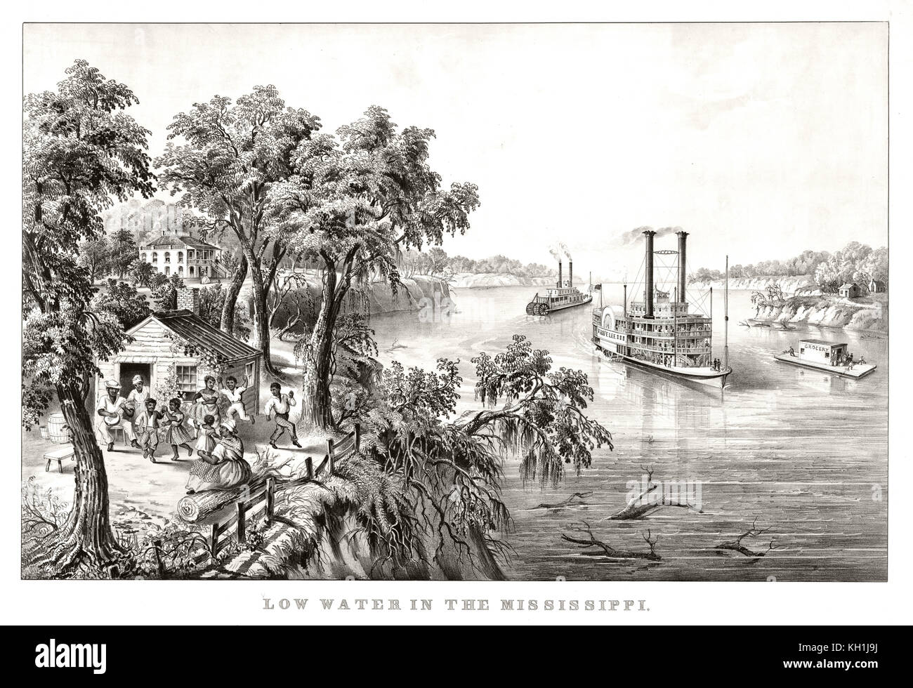 Vecchia immagine raffigurante acque basse sul livello del fiume Mississippi. Da Currier & Ives, publ. in New York, 1867 Foto Stock