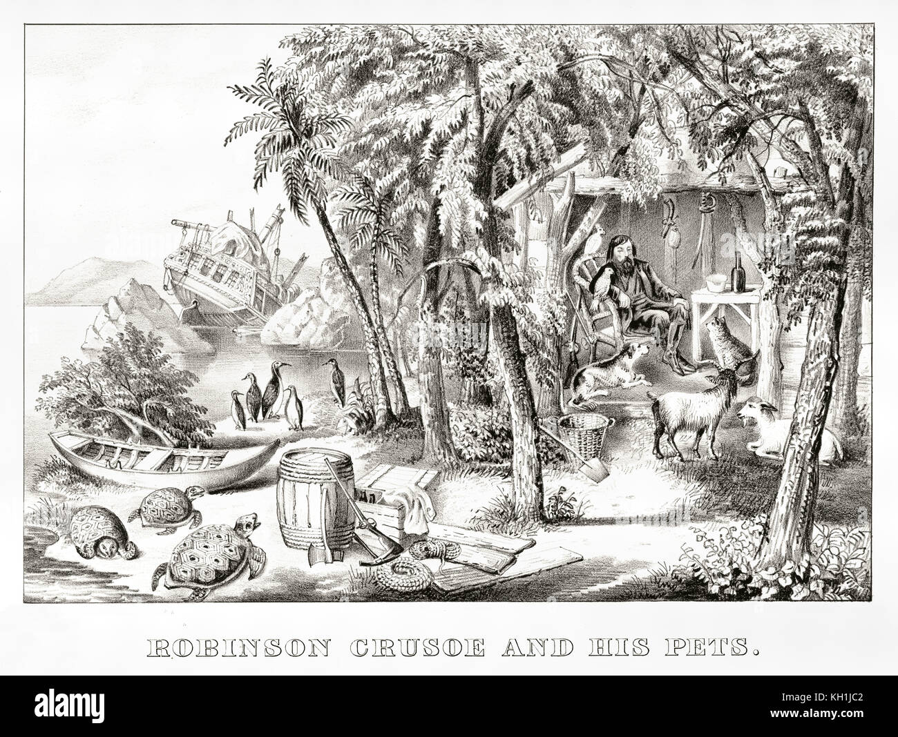 Vecchia immagine raffigurante Robinson Crusoe nella sua isola con animali domestici. Da Currier & Ives, publ. in New York, 1874 Foto Stock