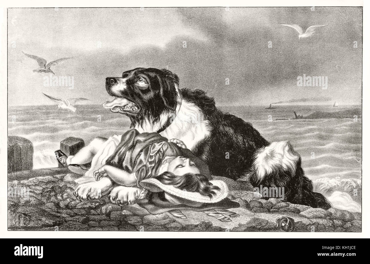Vecchia illustrazione di un cane e bambino appena salvato. Da Currier & Ives, publ. in New York, ca. 1870 Foto Stock