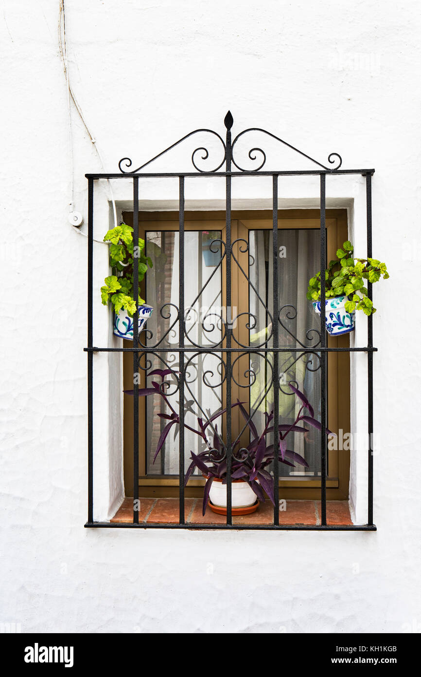 Windows con in ferro battuto dipinto di nero con vasi di fiori di colore rosso sul davanzale e parete dipinta di bianco Foto Stock