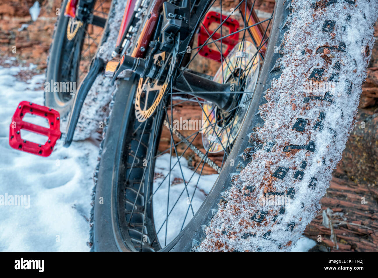 Dettaglio di un grasso moto su un sentiero invernale coperto di neve Foto Stock