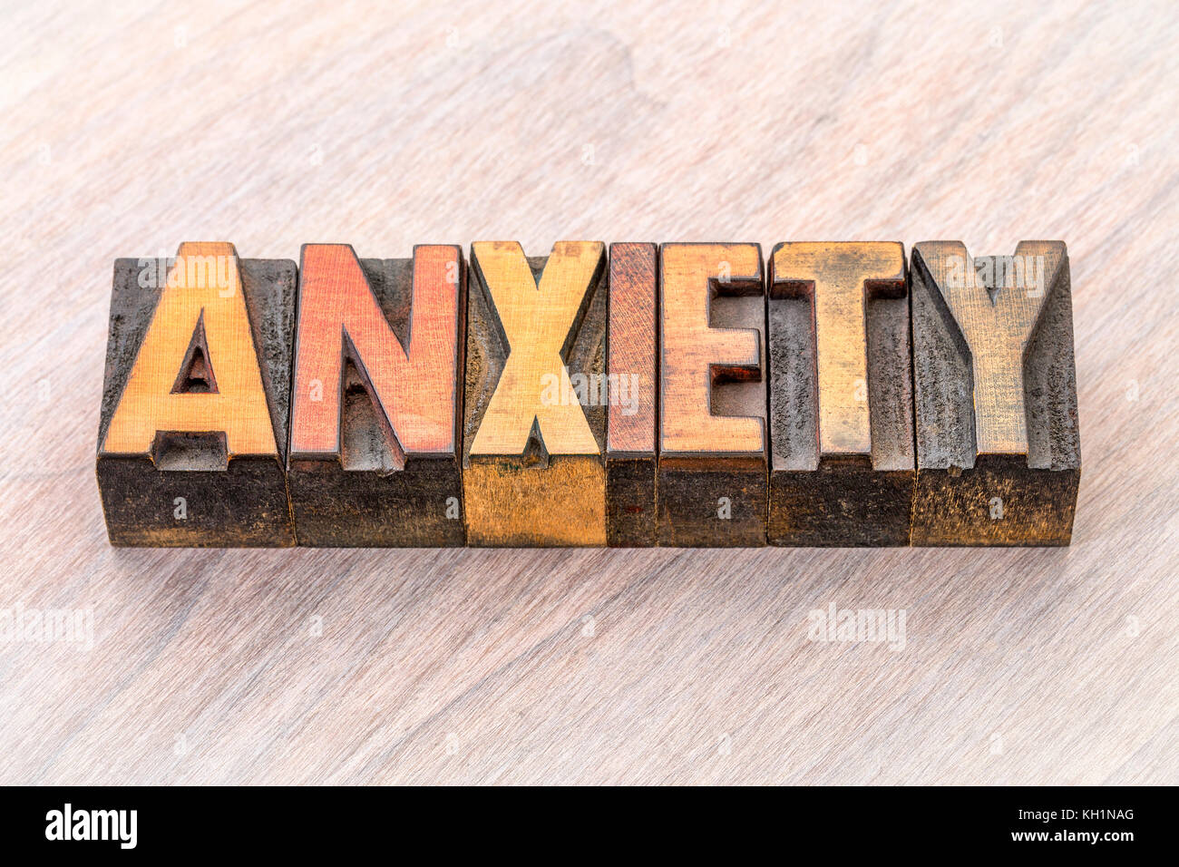 Ansia parola abstract in rilievografia vintage tipo legno blocchi di stampa Foto Stock