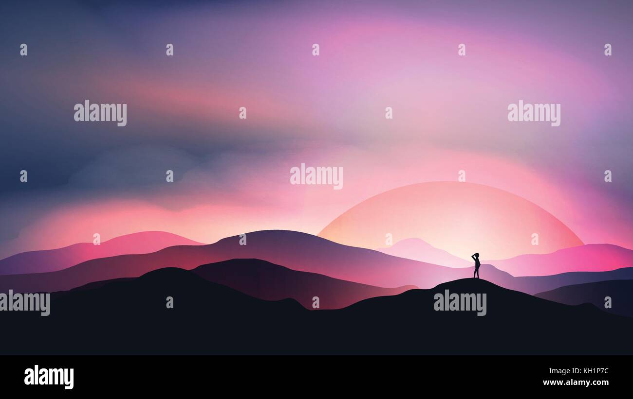 Il tramonto o l'alba sopra le montagne con uomo a guardare nel la distanza orizzontale - illustrazione vettoriale Illustrazione Vettoriale