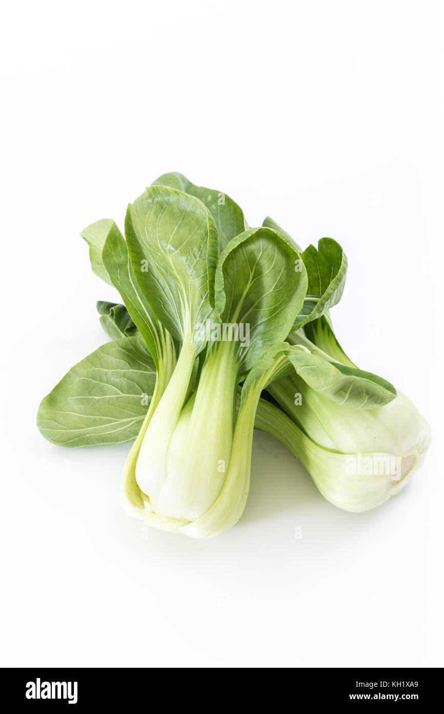 Mazzetto di fresco verde baby bok choi, su sfondo bianco Foto Stock