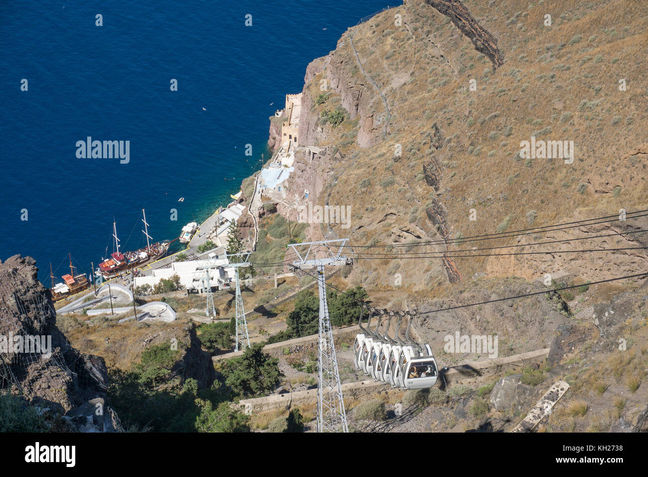 La funivia da thira al vecchio porto, isola di Santorini, Cicladi, Egeo, Grecia Foto Stock