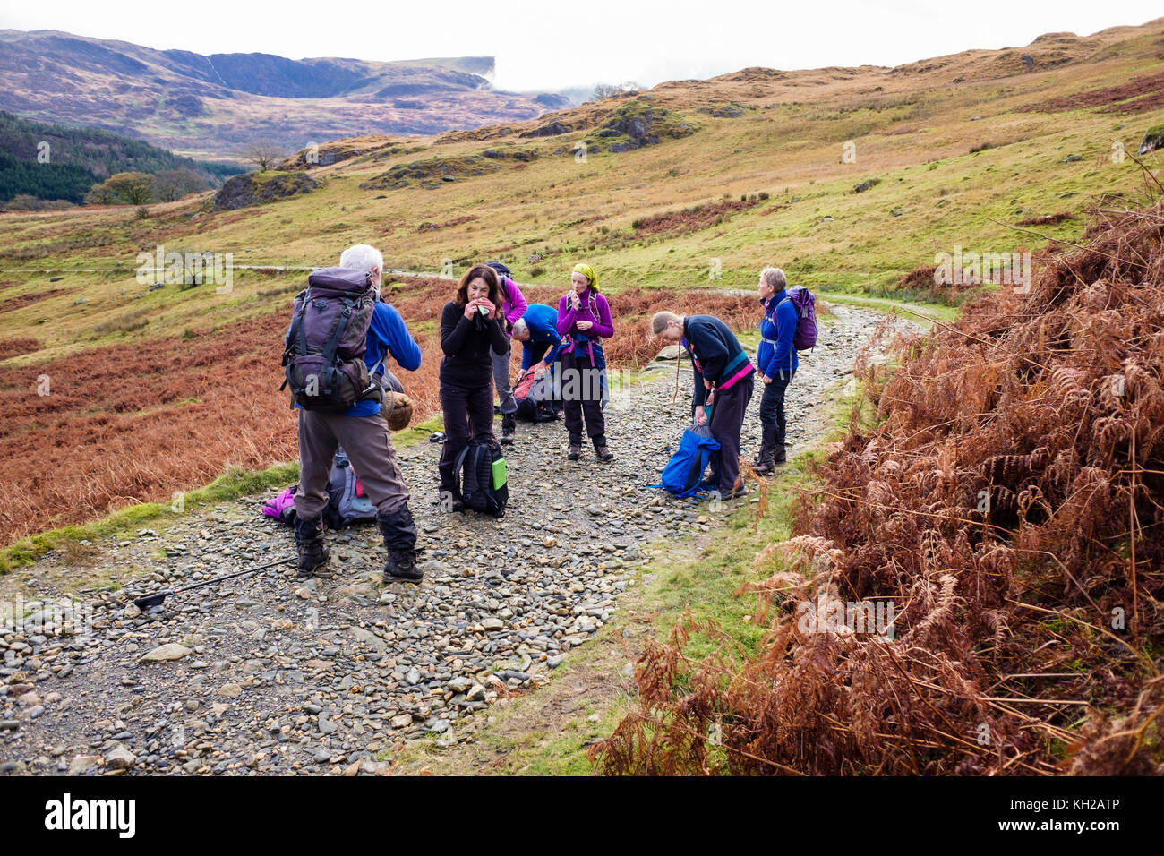 Gruppo di escursionisti in appoggio sul percorso Watkin in Cwm Llan nelle montagne del Parco Nazionale di Snowdonia. Bethania, Gwynedd, il Galles del Nord, Regno Unito, Gran Bretagna Foto Stock