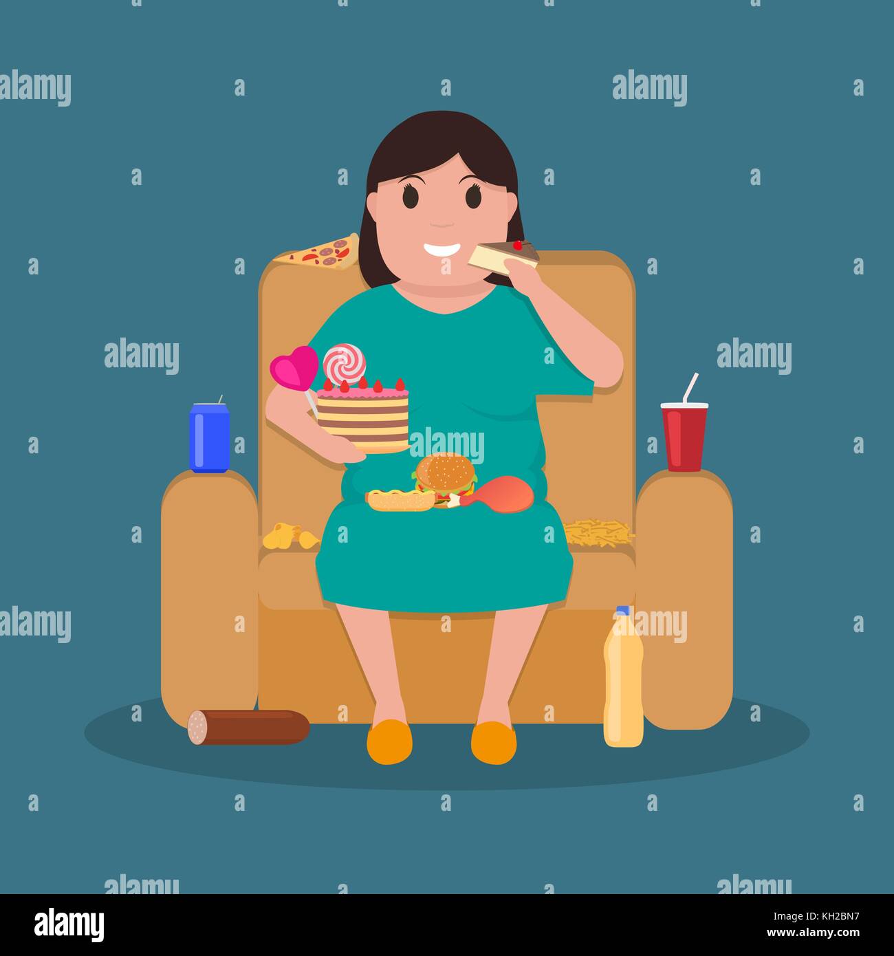 Cartoon donna grassa sul lettino mangiare cibo spazzatura Illustrazione Vettoriale