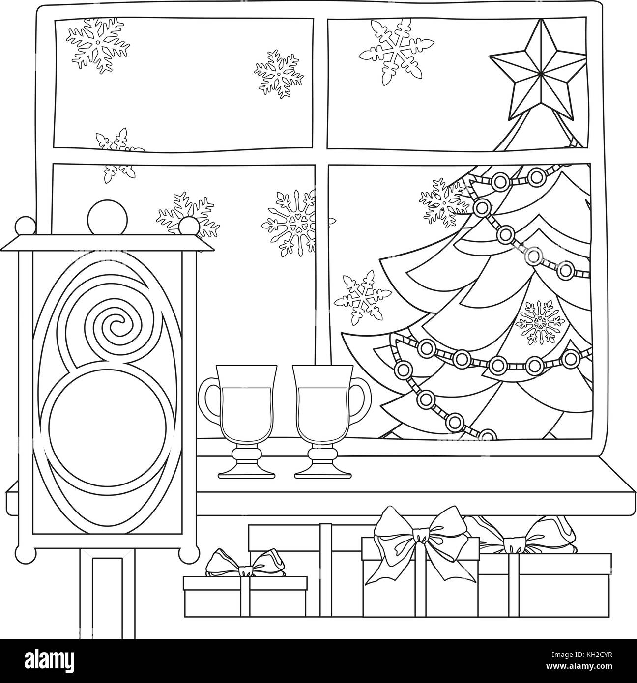 Tema Natale poster con albero di natale, stella, ghirlanda di luce, i fiocchi di neve, presenta, vin brulé, street lanterna. Illustrazione Vettoriale