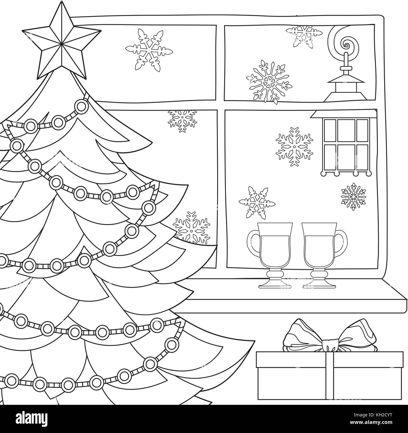 Tema Natale poster con albero di natale, stella, ghirlanda di luce, i fiocchi di neve, vin brulé e street lanterna. Illustrazione Vettoriale