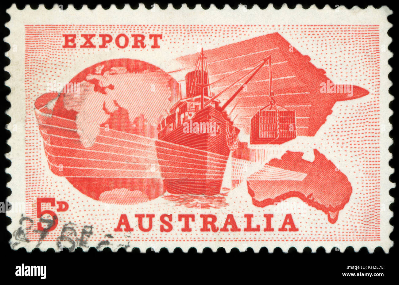 AUSTRALIA - circa 1963: un timbro stampato in Australia, è dedicato importanza delle esportazioni di economia australiana, è mostrato Globe, nave, aereo e mappa di Foto Stock