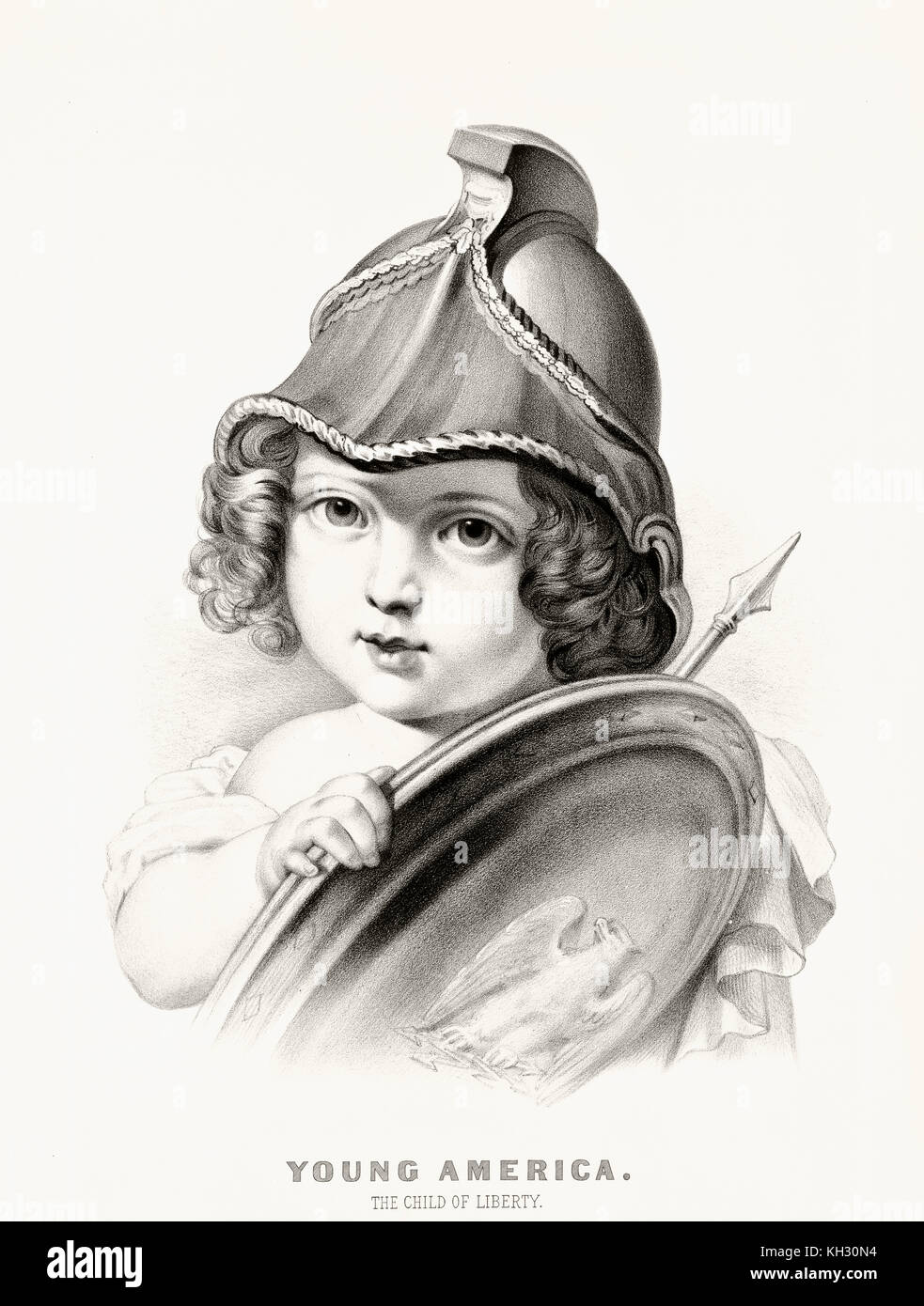 Vecchia immagine raffigurante la personificazione della giovane America: il bambino della libertà. Da Currier & Ives, publ. in New York, 1872 Foto Stock