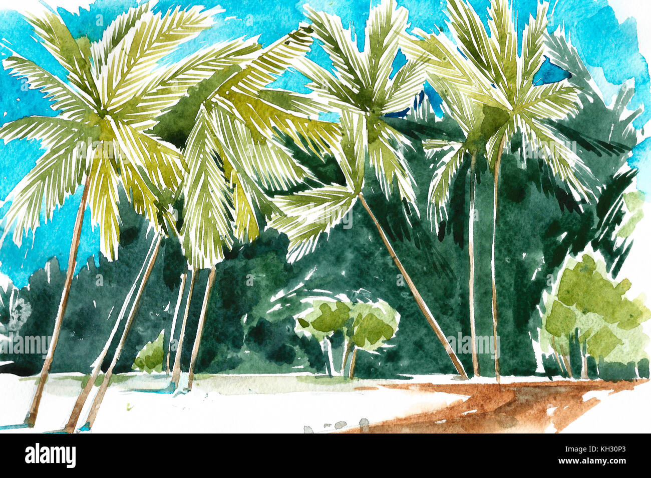 Disegnato a mano illustrazione ad acquerello di palme. linea costiera di Palm Beach. Foto Stock