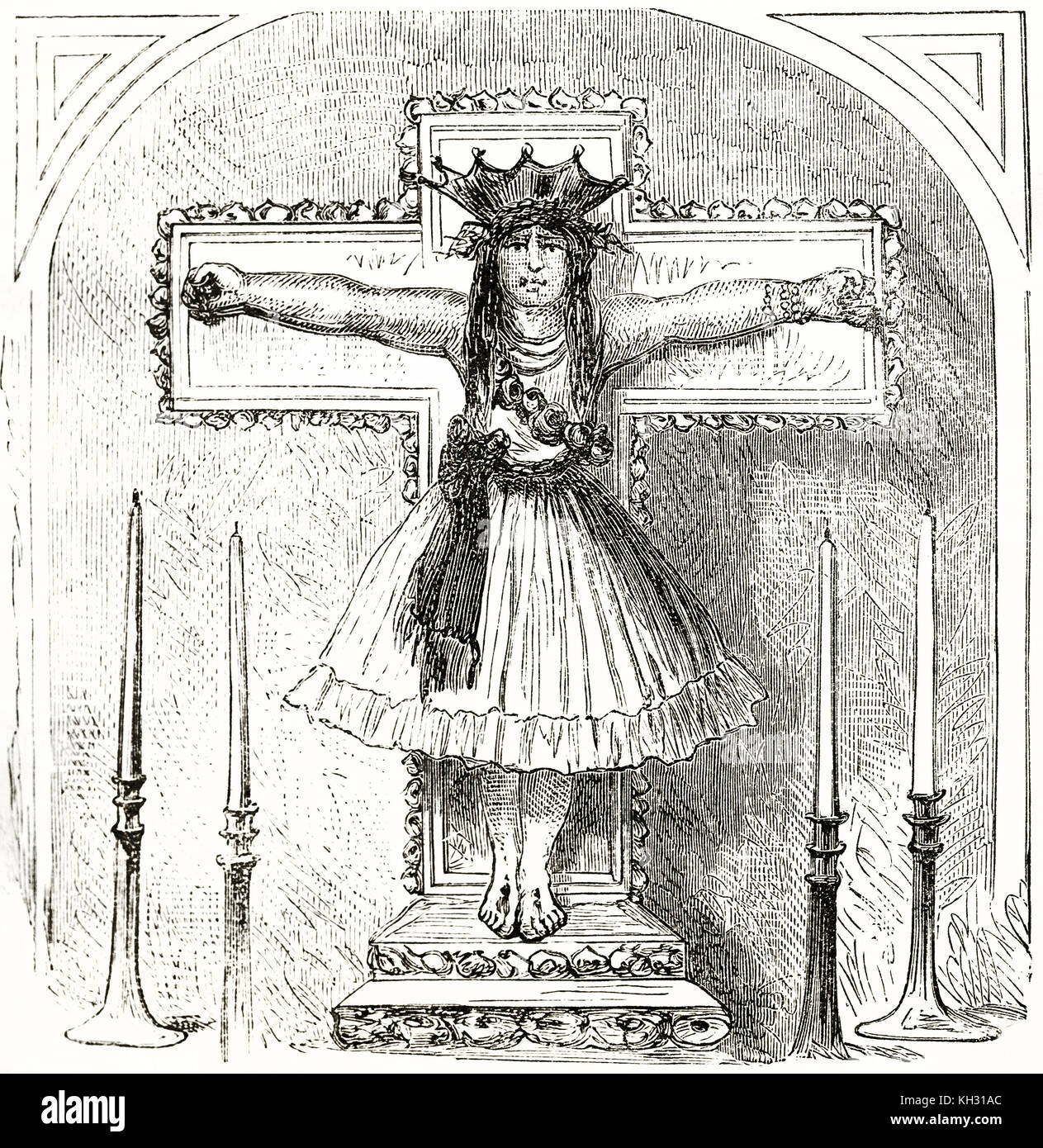 Vecchia incisa la riproduzione di una femmina di Crocifisso nella chiesa Combapata, Perù. Da Riou, publ. in Le Tour du Monde, Parigi, 1863 Foto Stock