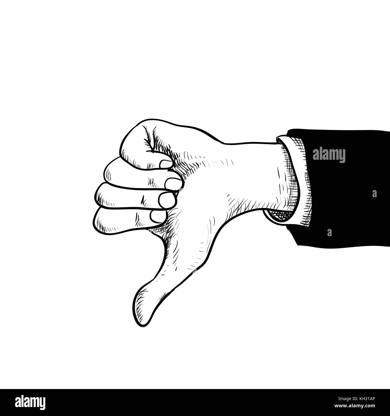 Imprenditore mano pollice in giù, mano nella tuta che mostra il pollice verso il basso, isolato su sfondo bianco con incisione di stile disegnato a mano illustrazione vettoriale. Illustrazione Vettoriale