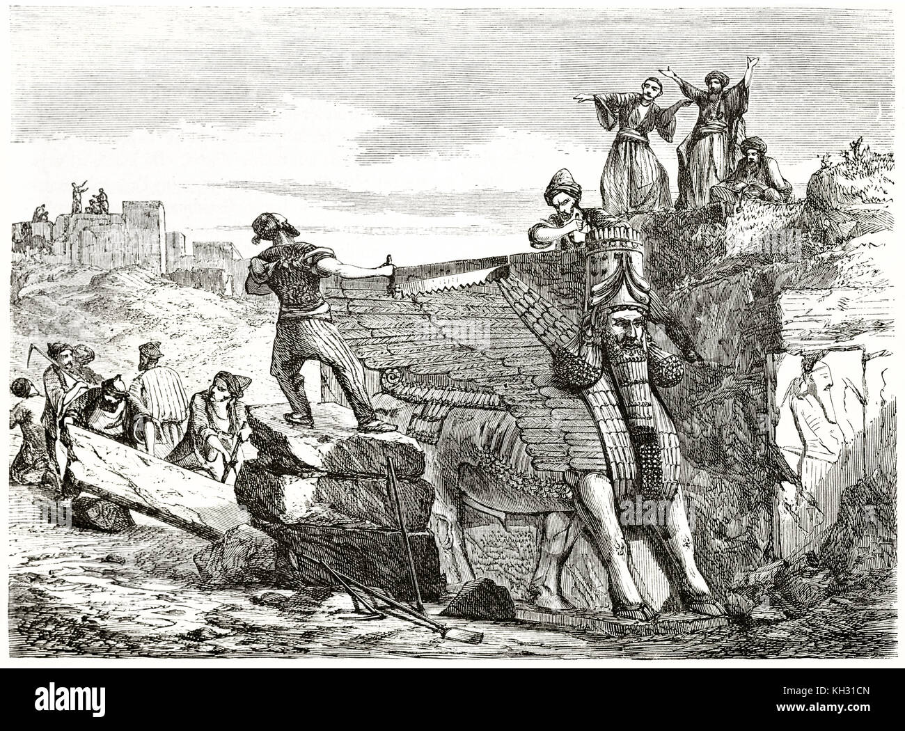 Vecchia immagine raffigurante Lamassu scavo in Mesopotamia. Da Flandin, publ. in Le Tour du Monde, Parigi, 1863 Foto Stock