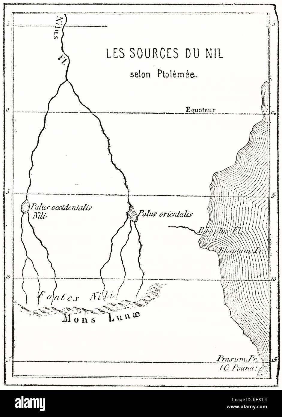 Mappa vecchia delle sorgenti del Nilo secondo Tolomeo. Da Erhard e Bonaparte, publ. in Le Tour du Monde, Parigi, 1863 Foto Stock
