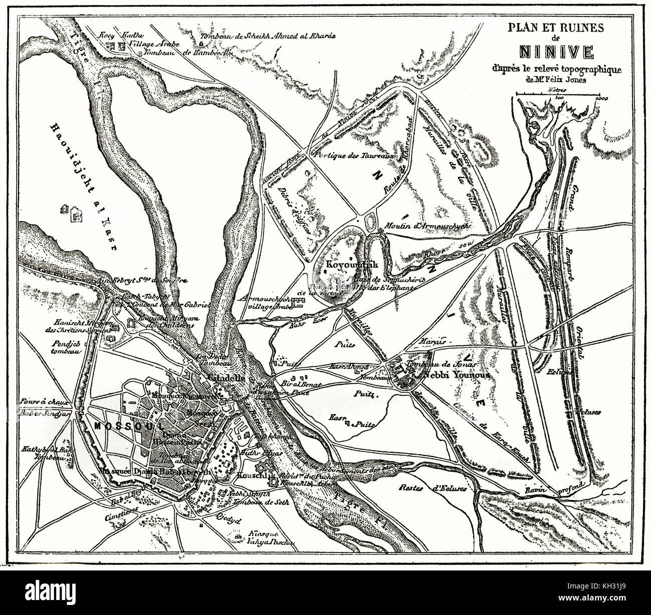 Mappa vecchia di Ninive. Dopo Felix Jones, publ. in Le Tour du Monde, Parigi, 1863 Foto Stock