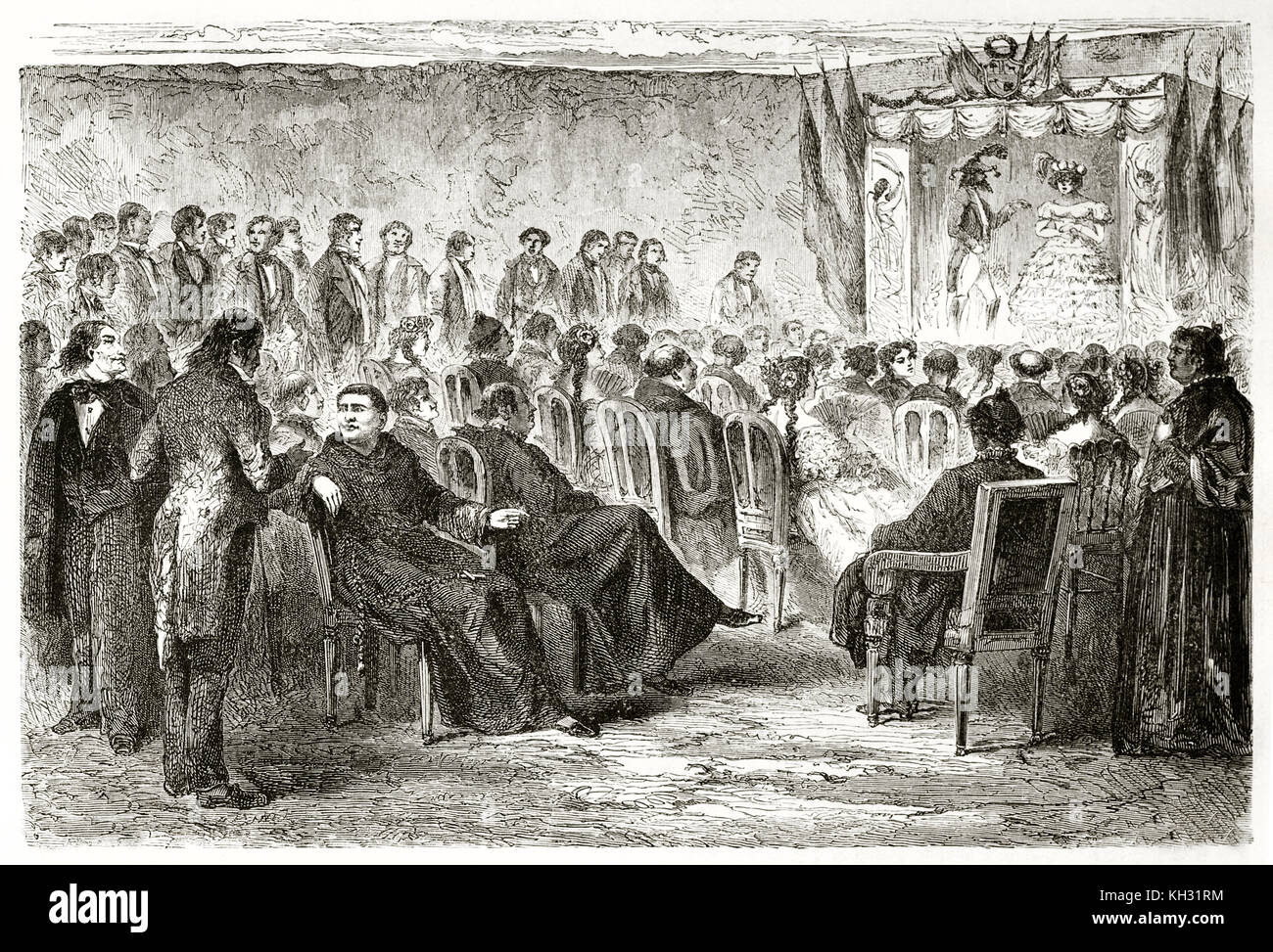 Vecchia illustrazione di una rappresentazione teatrale in San Bernardo college, Cuzco, Perù. Da Riou, publ. in Le Tour du Monde, Parigi, 1863 Foto Stock