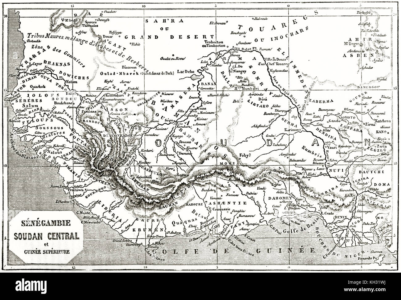 Mappa vecchia del centro Africa occidentale. Da autore non identificato, publ. in Le Tour du Monde, Parigi, 1863 Foto Stock