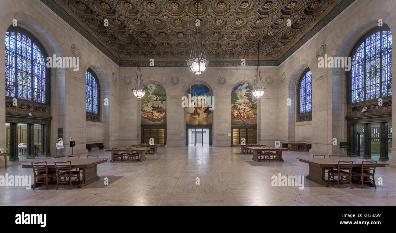 Adam Strohm Hall, il libro originale sala parto, all'interno il Detroit Public Library su Woodward Avenue a Detroit, Michigan Foto Stock