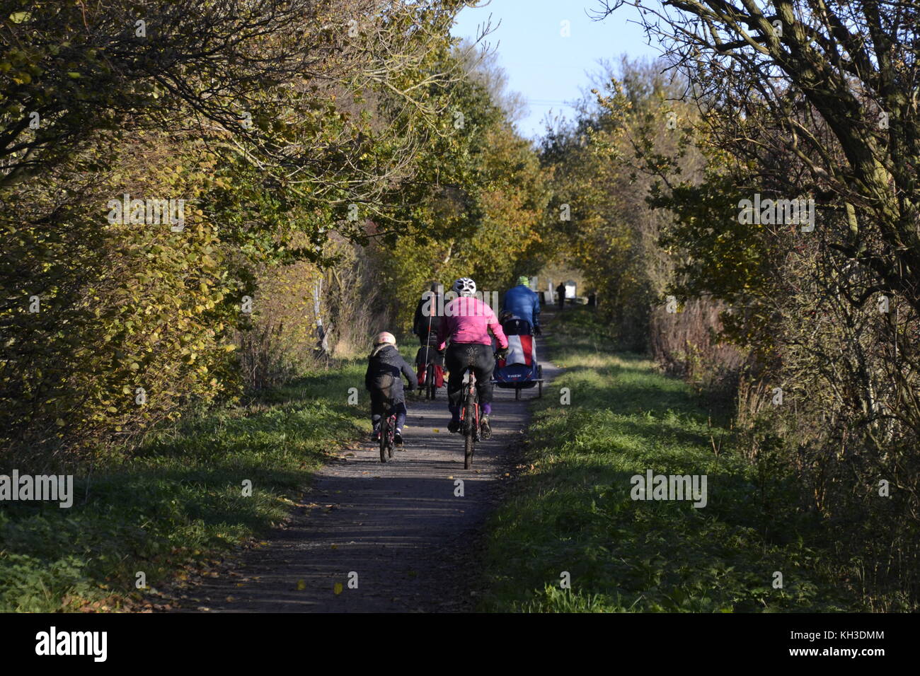 Famiglia in bicicletta sul Phoenix Trail, Buckinghamshire, Regno Unito. Autunno Foto Stock