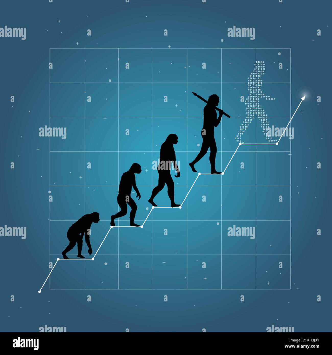 Crescita del business o economica come l'evoluzione umana sul grafico. sfondo blu. Illustrazione Vettoriale