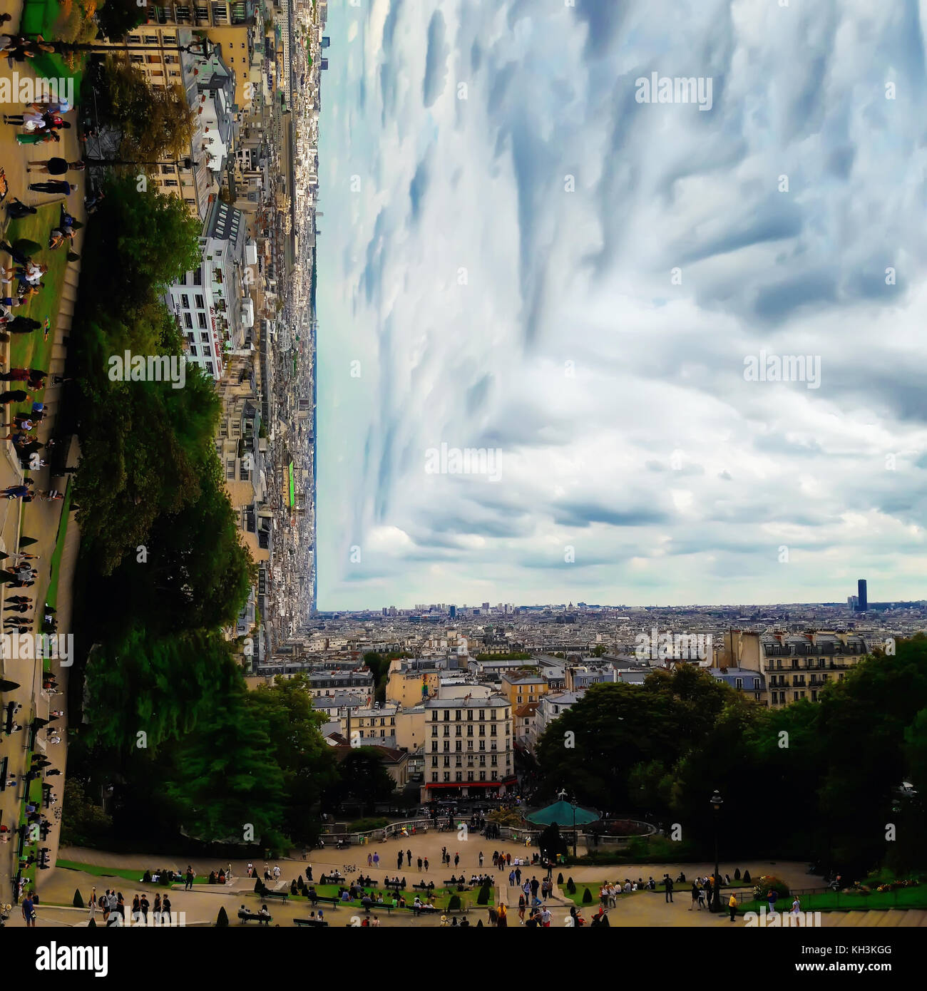 Vista panoramica surreale della città di Parigi dalla collina di Montmartre, Basilica del Sacro cuore. Foto Stock