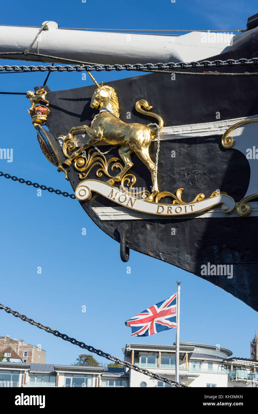 Stemma reale del Regno Unito sulla prua di Brunel SS Gran Bretagna, Great Western Dockyard, Spike Island, Bristol, Inghilterra, Regno Unito Foto Stock