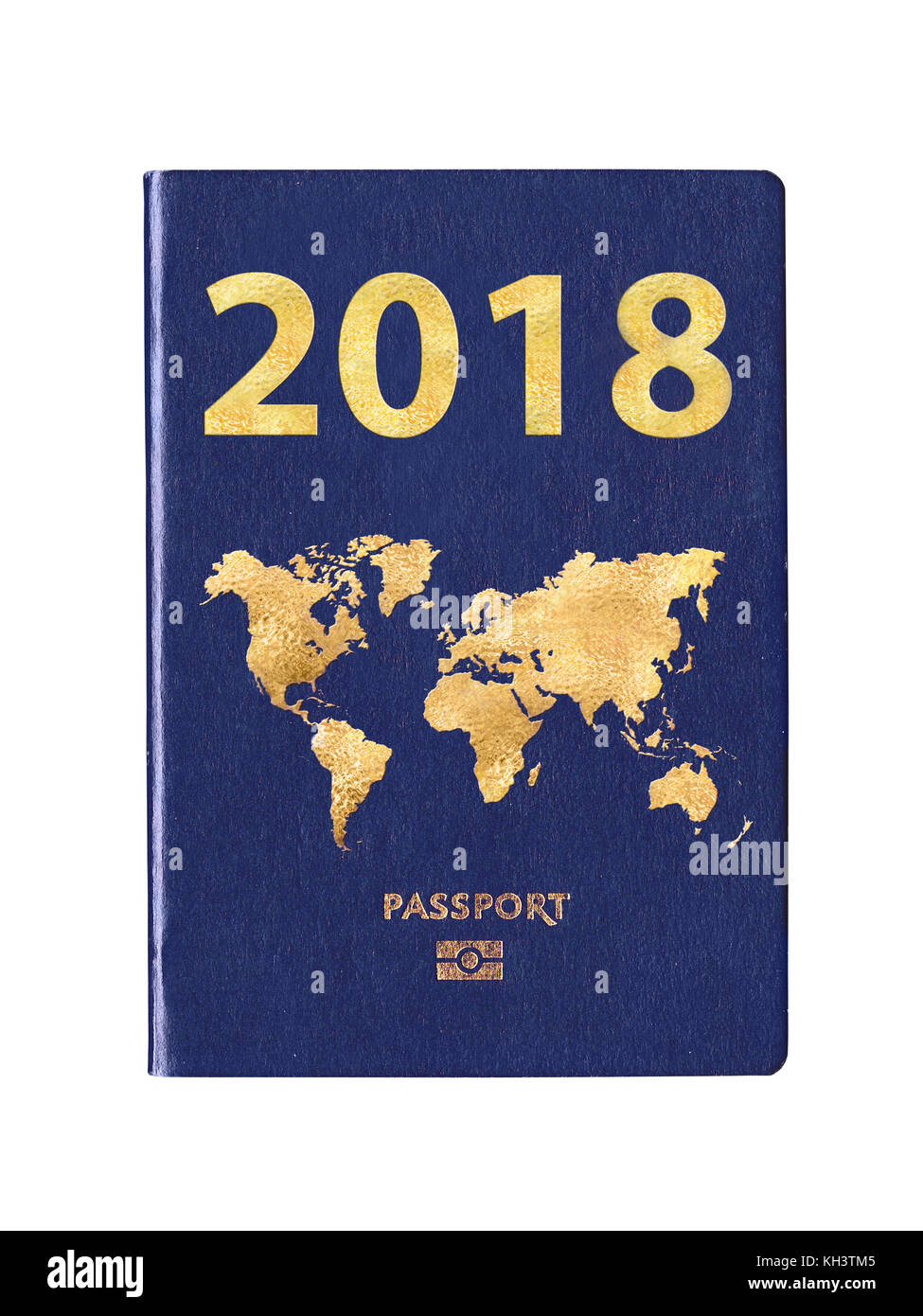Passaporto 2018 con una mappa del mondo sul coperchio, concept Foto Stock
