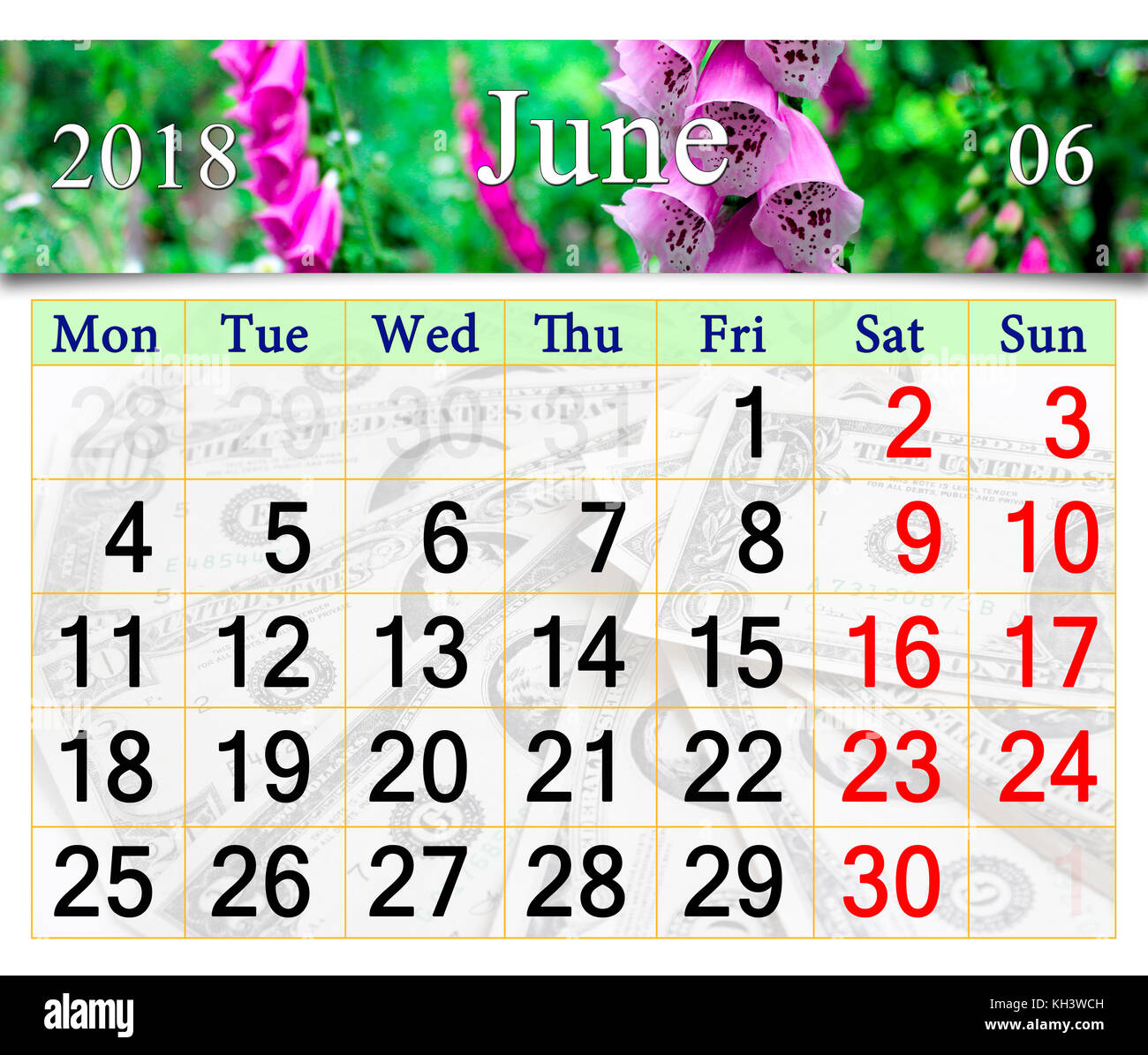 Calendario per il mese di luglio 2018 con fiori lilla bluebells Foto Stock