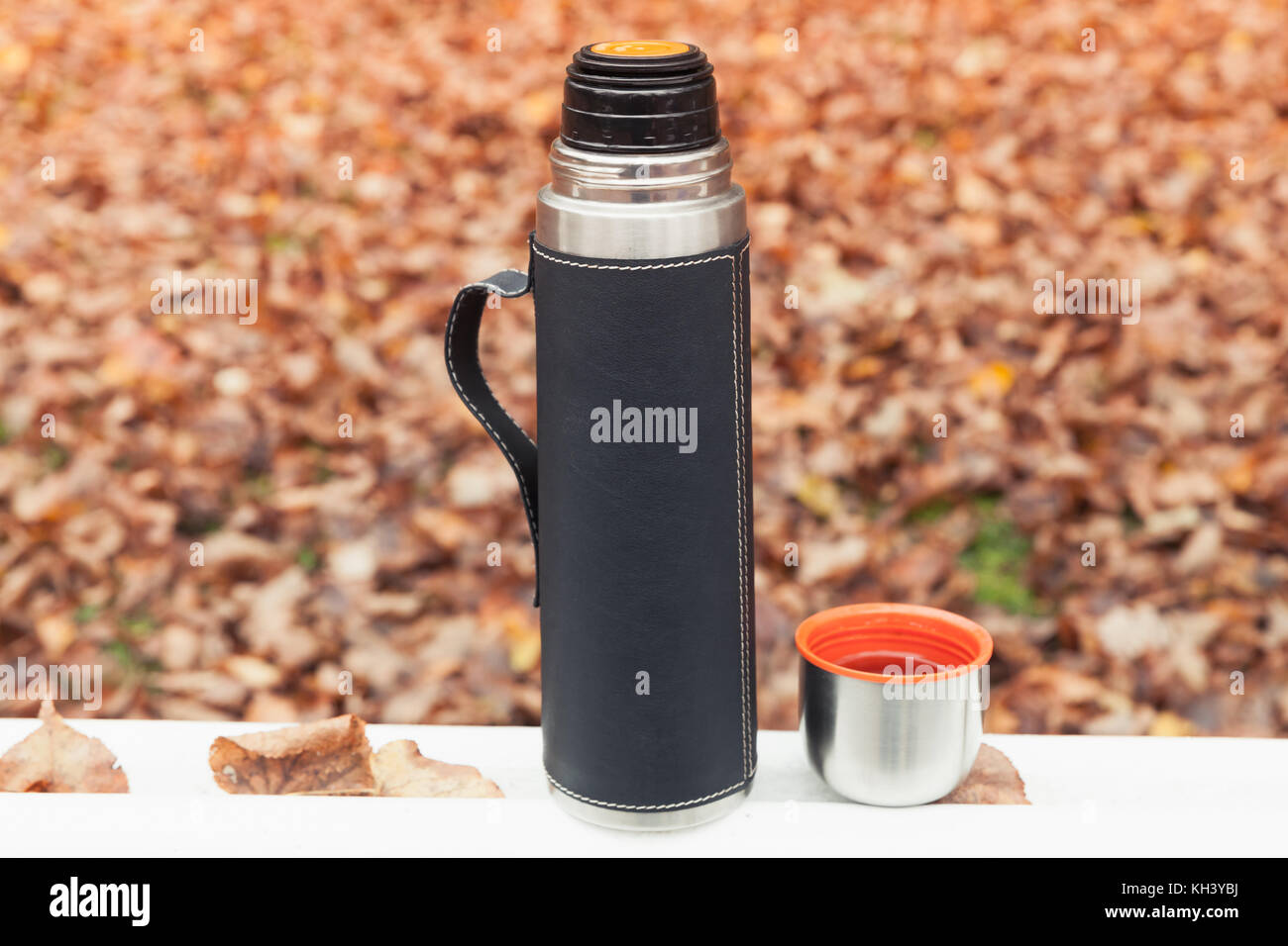 Acciaio inossidabile vuoto thermos turistico sorge sul tavolo bianco nella foresta di autunno Foto Stock