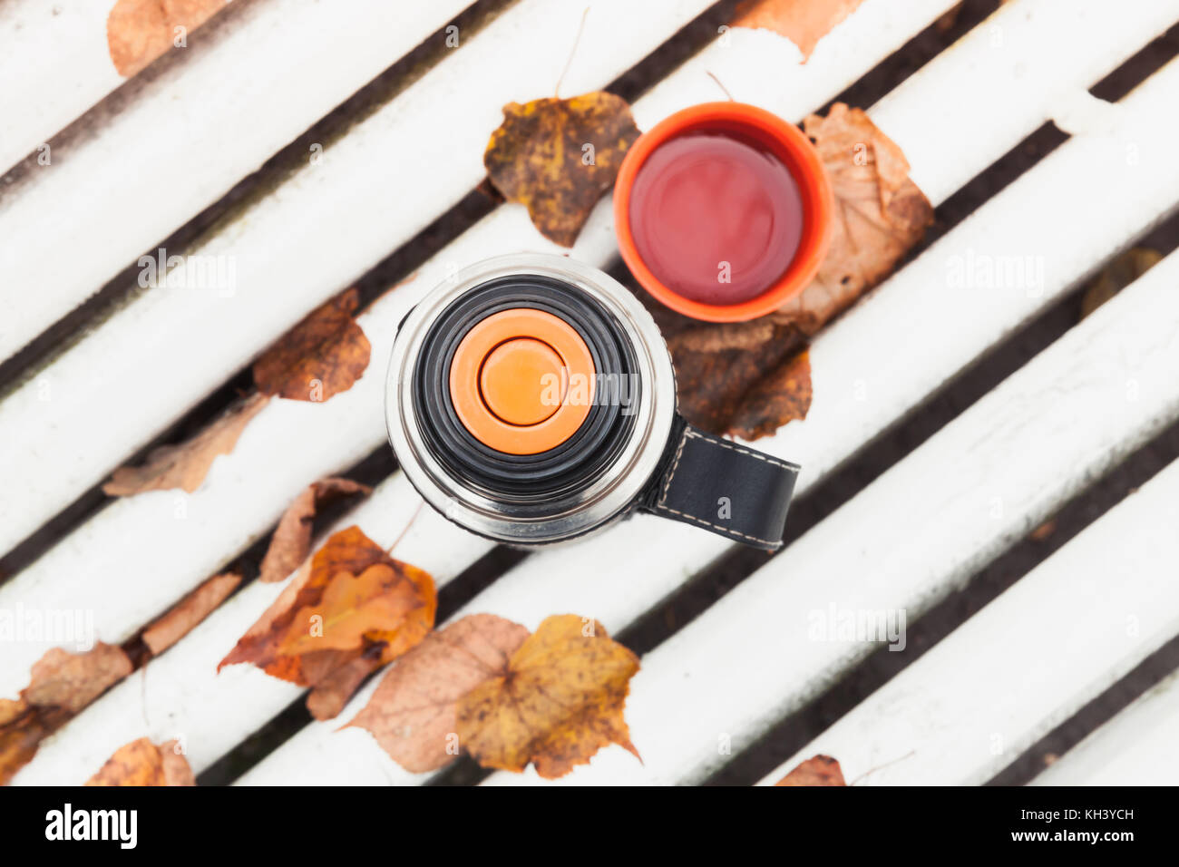 Tourist thermos con coppa si distingue sul banco di bianco nell'autunno del parco, vista dall'alto Foto Stock