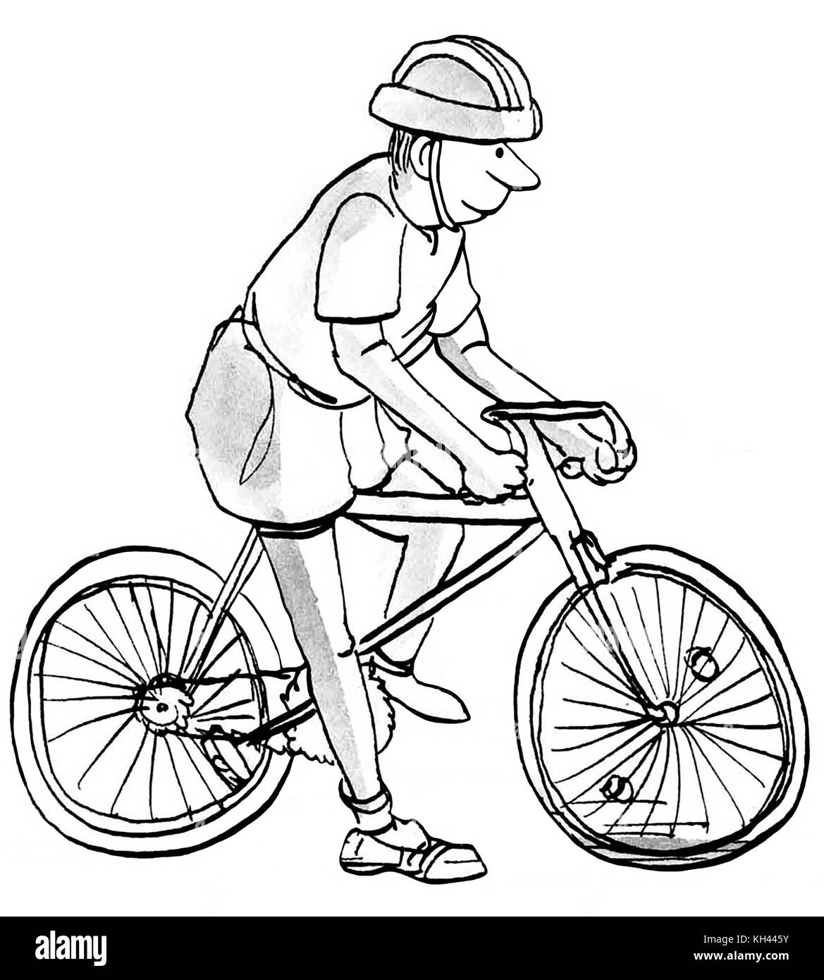 Cartoon illustrazione di un baby boomer uomo ottenere pronto per un giro in bicicletta. Foto Stock