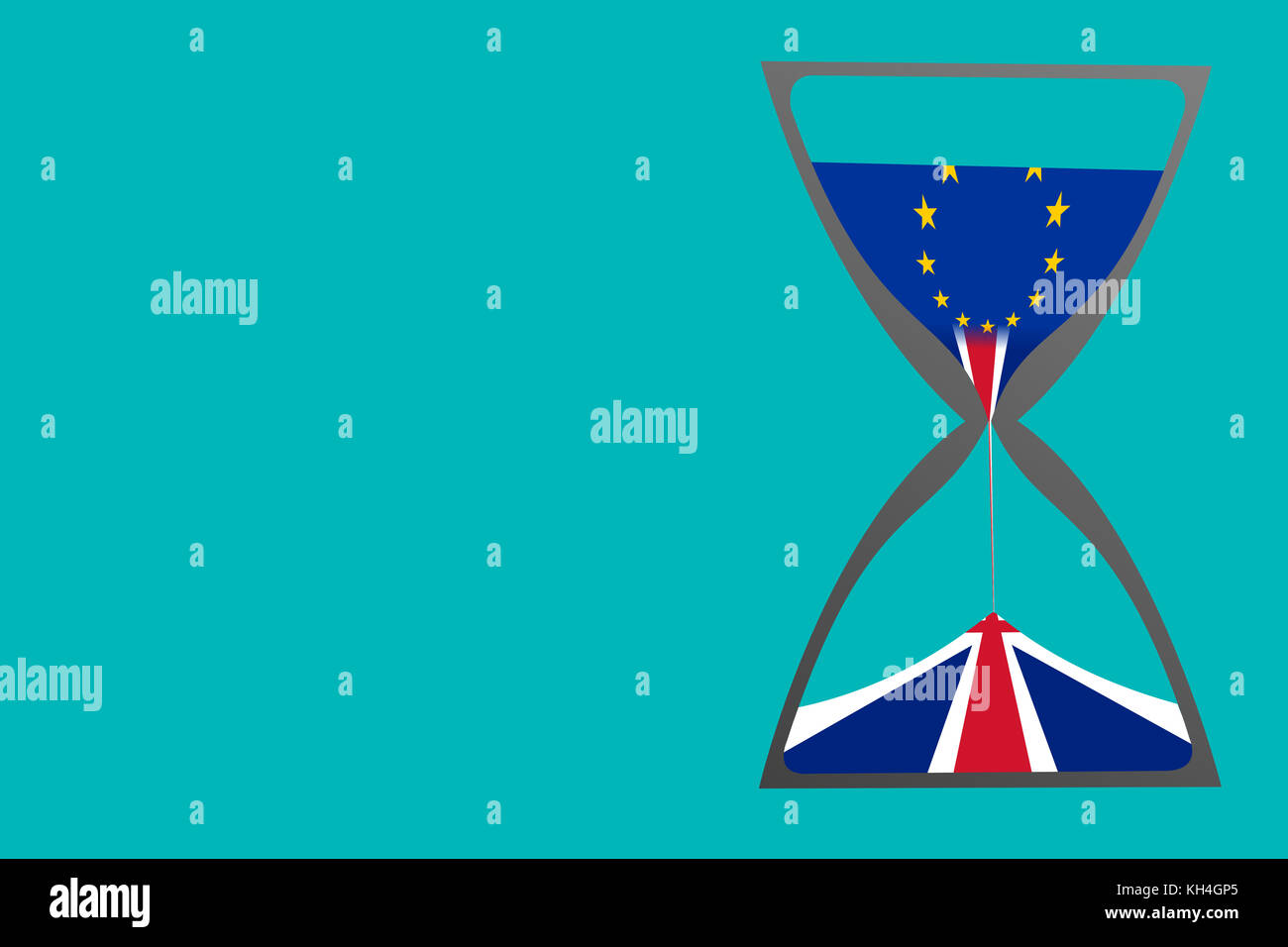 Un concetto di brexit come mostrato da una illustrazione di una clessidra con la bandiera dell'Unione europea come la sabbia superiore e il Regno Unito bandiera che gocciolava giù. Foto Stock