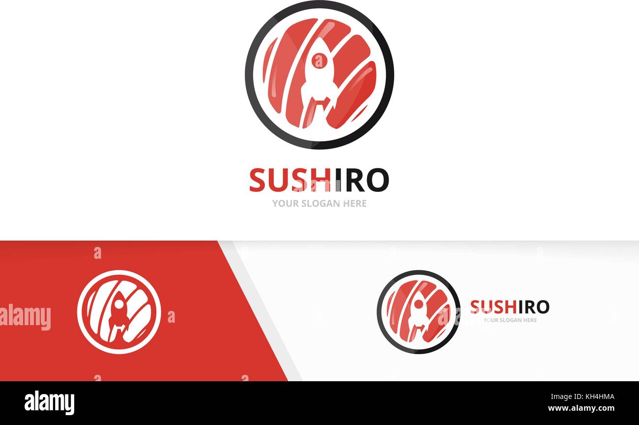 Vettore di sushi e logo a razzo combinazione. Il cibo giapponese e aereo simbolo o icona. unici piatti a base di frutti di mare e logotipo di volo modello di disegno. Illustrazione Vettoriale