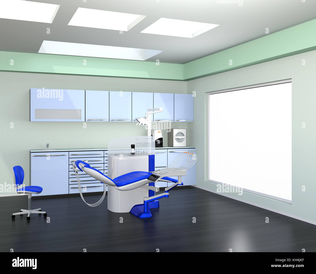 Dental Clinic interno con armadio giallo e sedia paziente. Il rendering 3d'immagine. Foto Stock