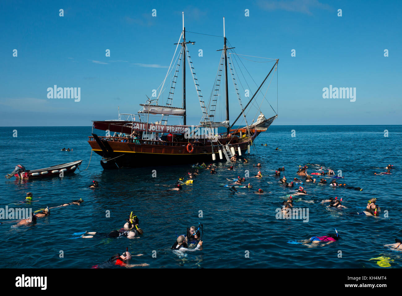 Caraibi, Isole Leeward, Aruba (parte delle Isole ABC), Oranjestad. I turisti che si snorkeling fuori dalla barca Jolly Pirates intorno al naufragio Antilla, Foto Stock