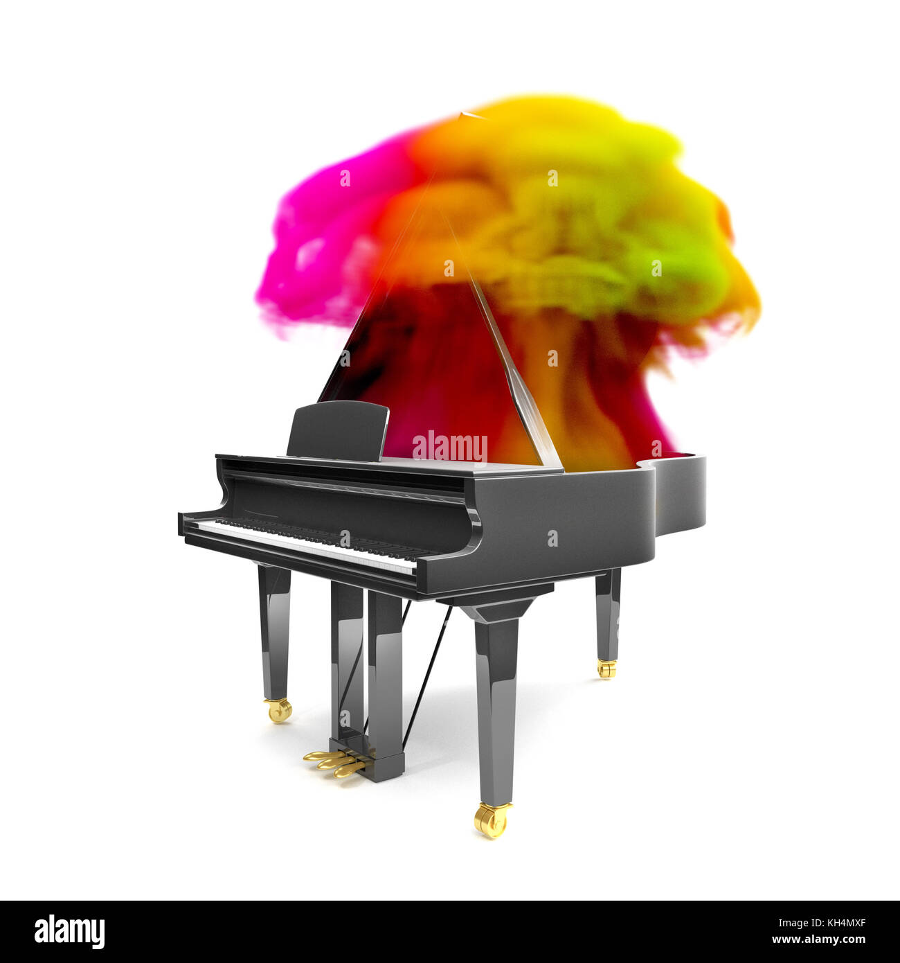 Elegante pianoforte nero lucido nella scena bianca con fumo arcobaleno. Illustrazione del rendering 3D. Foto Stock