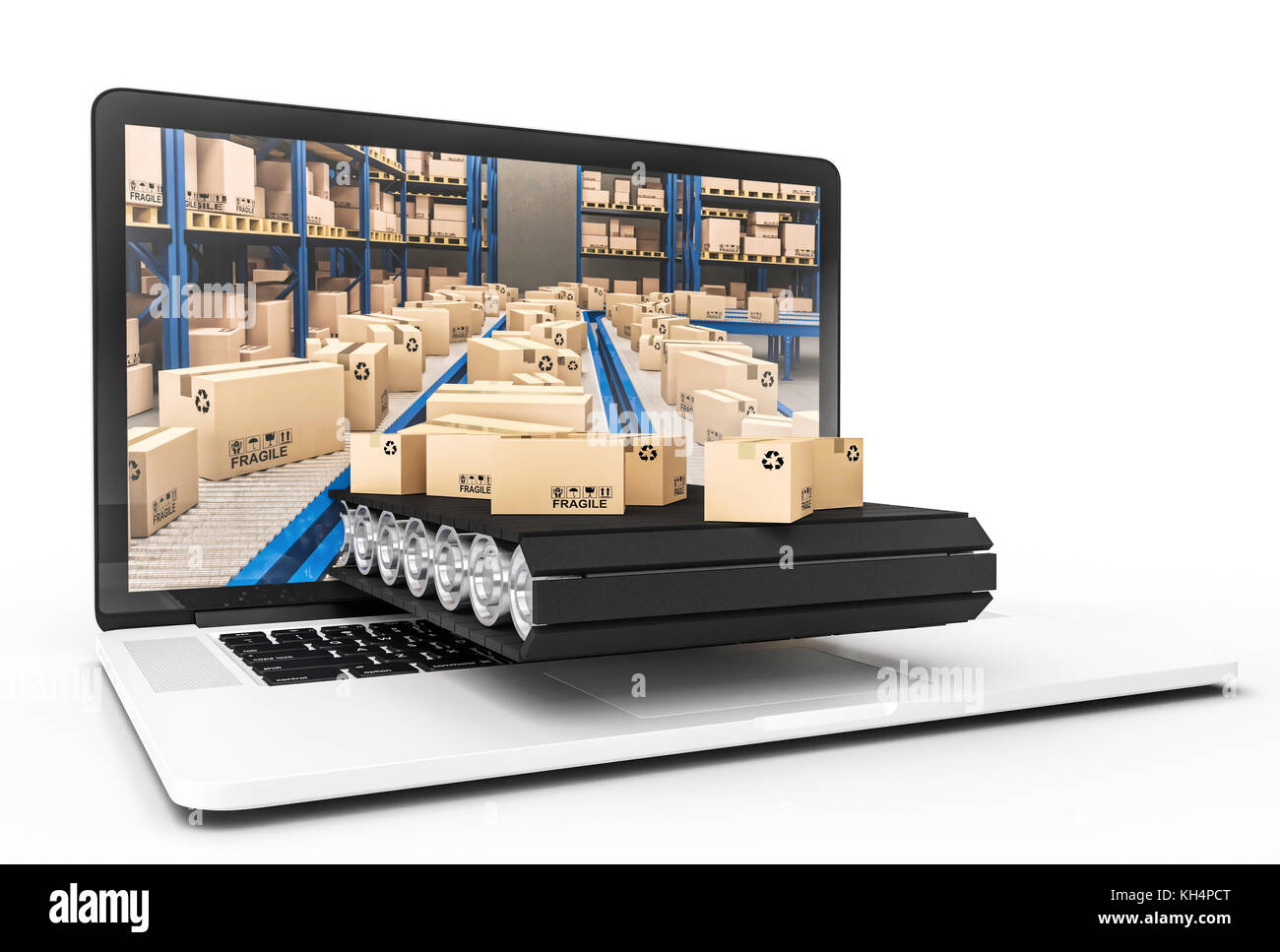 Computer portatile con trasportatore e lo sfondo di magazzino 3d rendering immagine concetto ecommerce Foto Stock