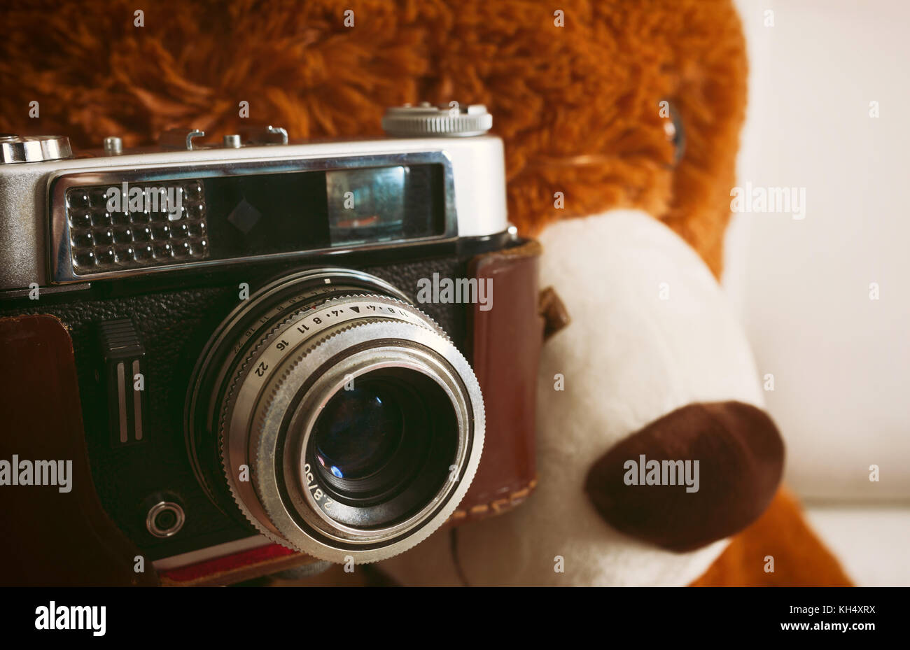 Grande orso di peluche con vintage 35mm Fotocamera. Non ci sono trankmarks. Foto Stock